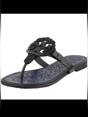 Tory Burch Black Leather Scalloped Logo Toe-Post Sandals